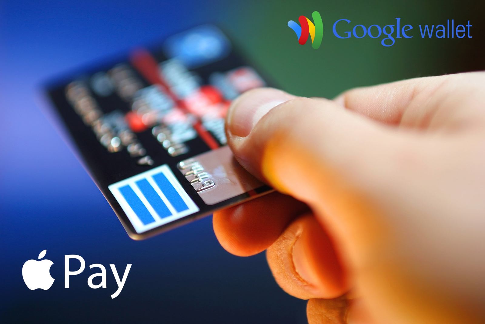Hand holding credit card with Google Wallet and Apple Pay logos