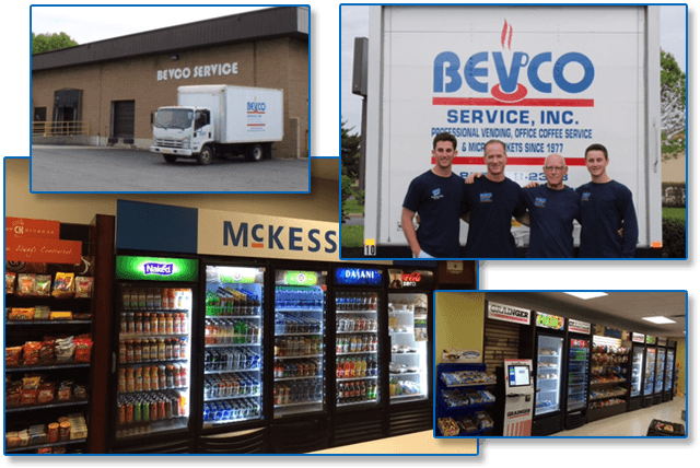 Composite image of Bevco truck, Bevco employees, and various vending machines